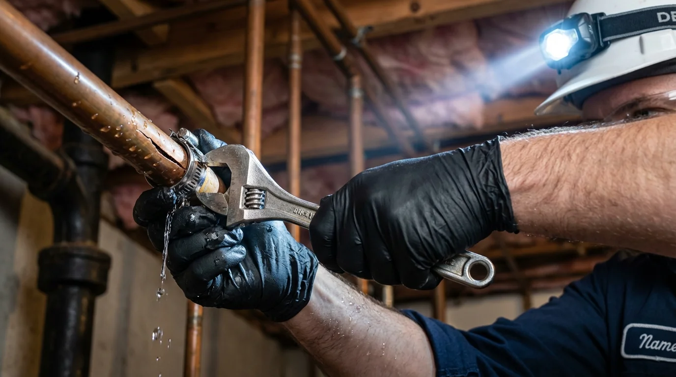 Emergency pipe clamp repair being performed by a Johns Plumbing LLC plumber in Hazen