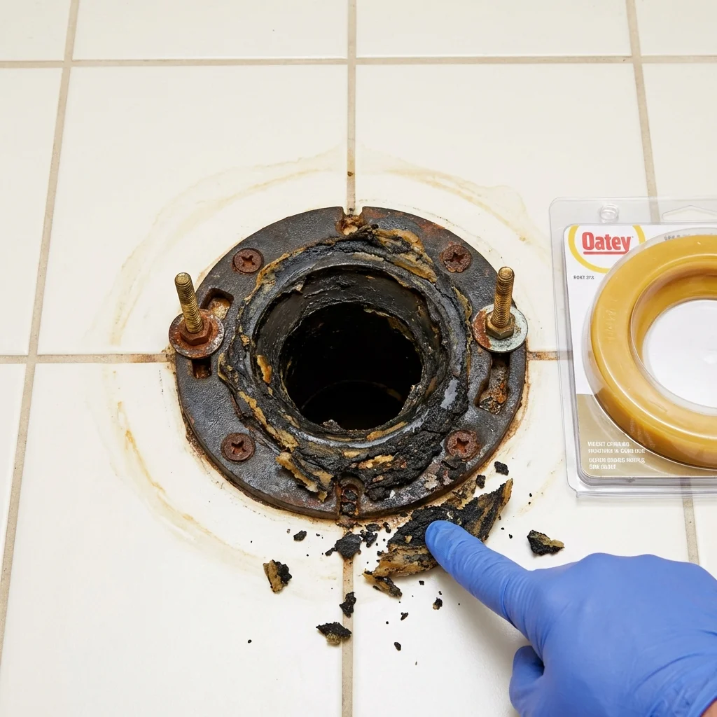 Failed wax ring showing water seepage at the base of a toilet in a Hazen, ND home