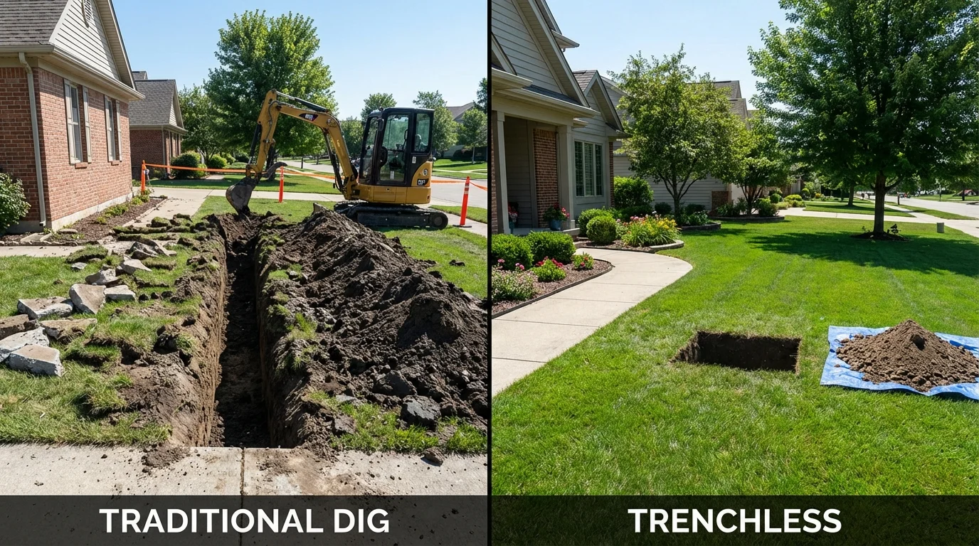 Trenchless sewer repair with minimal yard damage versus traditional excavation in Hazen, ND