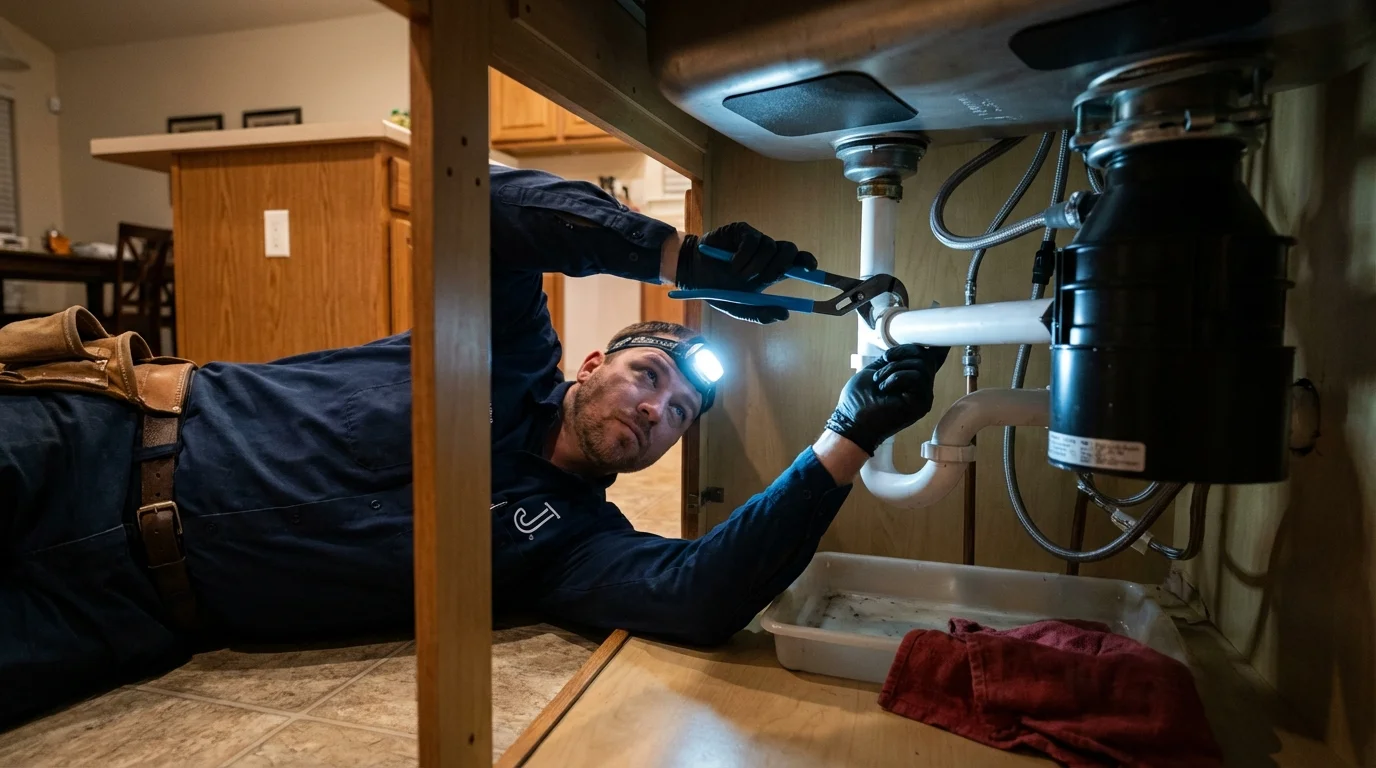 P-trap and supply line connections under a kitchen sink showing a common leak point in Hazen, ND